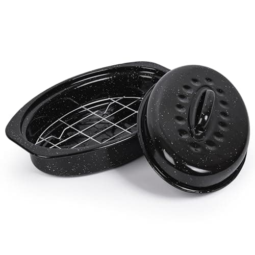 13” Roaster Pan with Lid and Rack, Small Enamel Roaster Pan with Oval Roasting Rack, Granite Baking Pot for Chicken Turkey Lamb, Heat Resistant, Oven/Dishwasher/All Stovestops Compatible