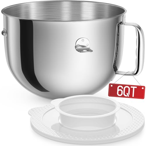KN2B6PEH 6QT Bowl-Lift Stand Mixer Bowl, Compatible with Kitchenaid Professional 600 Mixer, Polished Stainless Steel with Extra Cover - Fits KV25G KP26M1X (6QT)