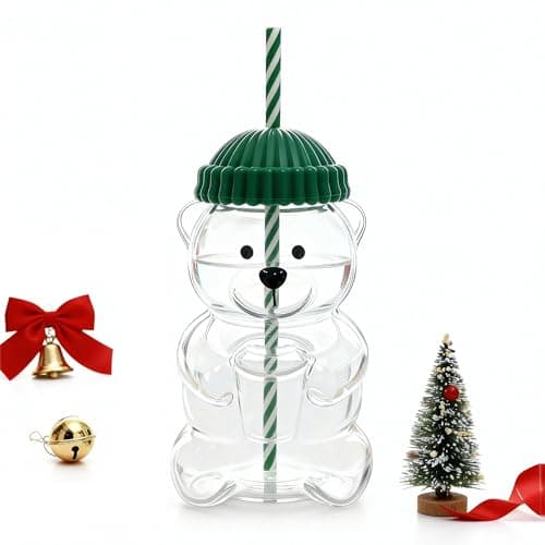 gaulofo 20oz Bear-Shaped Glass Cup, Cute Reusable Glass Tumbler with Lid and Straw for Coffee, Milk Tea, Birthday & Holiday Gift (Green)