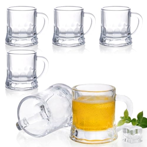 Futtumy 2 OZ Mini Beer Mug Shot Glasses with Handles, Mini Beer Shot Glasses for Party Christmas Birthday BBQ, Beers Mugs for Freezer Men Women Father Dad Beer Whiskey, Beers Mugs Bulk(6 PCS, Glass)