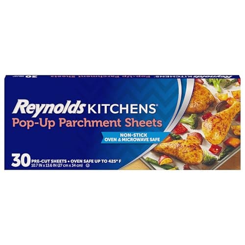 Reynolds Kitchens Pop-Up Parchment Paper Sheets, 30 Count, Fits Standard Baking Pans and Cookie Sheets, Non-Curling, Non-Stick, Pre-Cut, Oven-Safe Up to 425F, 10.75 in x 13.75 in