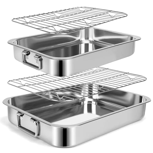 2 Pcs 12.7"15.5" Stainless Steel Roasting Pans with Handles, Baking Pan for Oven with 2 Pcs Flat Racks, Heavy Duty, Dishwasher Safe Rectangular Lasagna Pan with Handles for Turkey Chicken, Silver