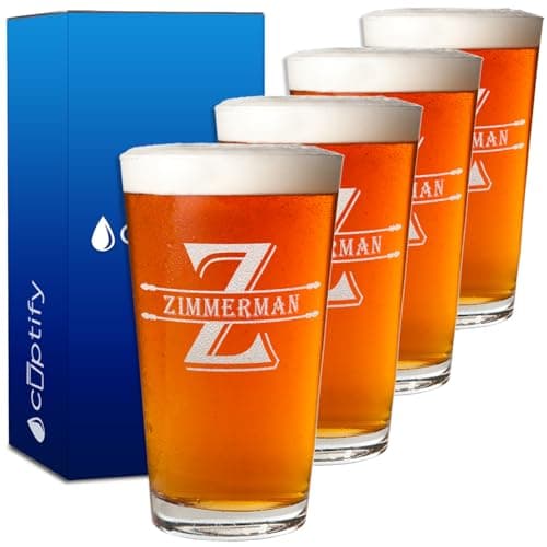 Cuptify Personalized Beer Glasses Set of 4 Monogram Initial and Name Laser Engraved 16 oz Pint Drinking Glasses Customized Mug Birthday Gift for Men and Women