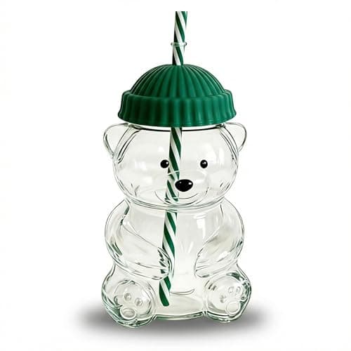 CANVUNTHY 20oz Bear Straw Cup, Eco-Friendly Cute Bear Glass Cup with Lid & Reusable Straw, Glass Bear Mug with Lid for Smoothies & Coffee, Milk & Tea Drinks, Dishwasher Safe