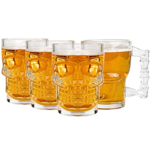binsakao Beer Mugs Set of 4 - Skull Glasses with Handle - 17 OZ Heavy Base Drinking Tiki Glasses - Clear Beer Stein Cup for Whiskey, Wine, Juice, Home Bar, Halloween Decorations Gifts