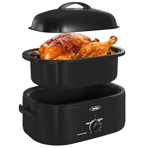 Royalcraft Roaster Oven with Self-Basting Lid, 18qt Electric Roaster with Removable Pan & Rack, Turkey Roaster Oven with Defrost & Warm Function, Stainless Steel, Black