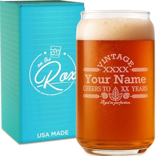 On The Rox Customized Beer Can Glass-Personalized-Birthday Beer Glass-Engraved-Vintage-Cheers-Aged To PERFECTION-Birthday Gift-Etched Beer Glass-Barware (1)