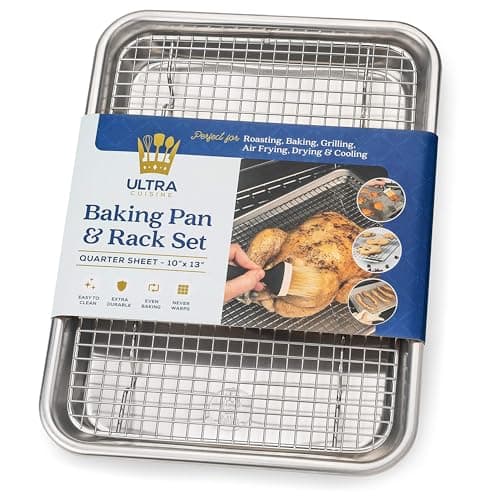 Ultra Cuisine Quarter Sheet Pan with Wire Rack Set - Includes Premium Aluminum Baking Sheet with 100% Stainless Steel Baking Rack, Cookie Cooling Racks with 1/4 Pan Commercial Quality