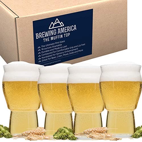 Brewing America The Muffin Top® Nucleated Beer Glass for Better Tasting Craft Beer & Cider - Tulip Shape and Nucleation for Enhanced Taste and Aroma for Ultimate IPAs (Muffin Top Clear 4-Pack)