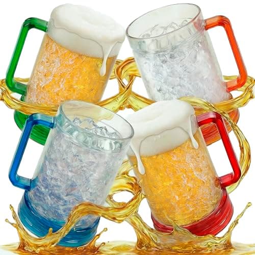 Granatan Beer Mugs for Freezer (Set of 4), 16oz Double Walled Glasses, Frozen Cooling Cups with Color-Coded Handles, Break-Resistant Acrylic Frosty Insulated Beer Mug for Dad, Men, Pool Parties & BBQ