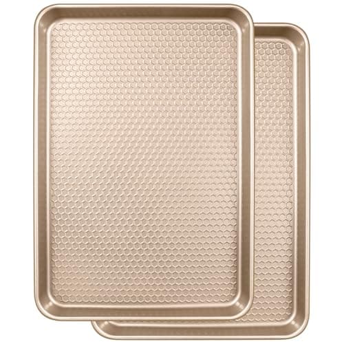 Wildone 2 Pack Half Sheet Baking Pans, Honeycomb Embossed Nonstick Baking Sheet 17.5x12 In, Thicker Carbon Steel Cookie Sheet, Even Heating & Warp Resistant, Champagne Gold