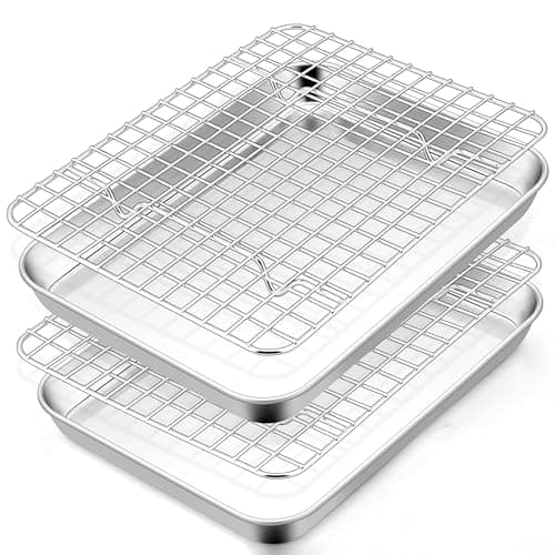 TeamFar Toaster Oven Pan with Rack Set, 9 x 7 x 1 Inch Stainless Steel Mini Baking Pan Tray with Grid Rack for Baking Roasting Cooling, Non-Toxic & Heavy-Duty, Dishwasher Safe, (2 Pans + 2 Racks)
