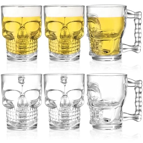 Hacaroa 6 Pack 17 Oz Skull Glass Beer Mug with Handle, Father's Day Gift Heavy Base Drinking Tiki Glasses, Clear Funny Beer Stein Cup for Whiskey, Wine, Juice, Bar, Halloween Decorations Gifts