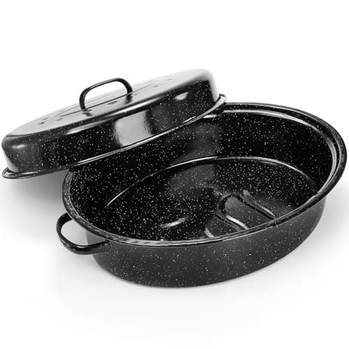 TOPZEA Granite Roasting Pan with Lid, 18" x 12.5" Turkey Roaster Pan Enameled on Steel Nonstick, Covered Oval Roaster Pot Oven Broiler Pan Cookware for Turkey, Chicken, Ham Meat Roast, Dishwasher Safe