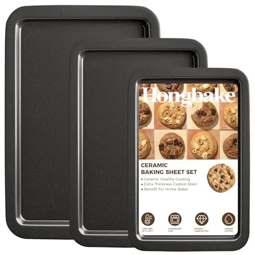 HONGBAKE Ceramic Baking Sheet Pan Set, Cookie Sheet for Oven, Bakeware Sets with Wider Grips, 3 Pack Half/Jelly Roll/Quarter Baking Tray, Premium, Dishwasher Safe - Dark Grey