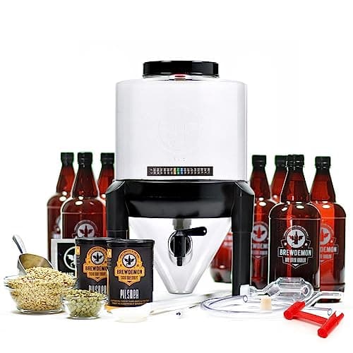 BrewDemon Premium Signature Kit Pro – NO AIRLOCK OR SIPHON REQUIRED – Conical Fermenter Eliminates Sediment and Makes Great Tasting Home Brewed Beer - Includes a 2 Gallon Pilsner Recipe