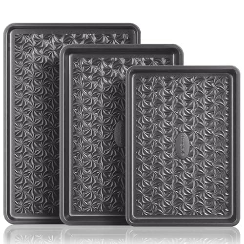 HONGBAKE Nonstick Baking Sheet Pan Set of 3, Cookie Sheets for Oven, Non-Toxic Half/Quarter/Jelly Roll Pans with Floral Swirl Texture, Heavy Duty 0.8mm Thick Oven Trays for Cooking, Dark Gray