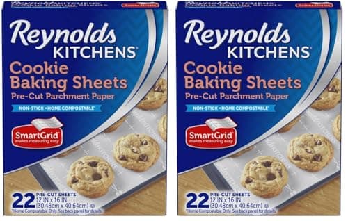 Reynolds Kitchens Cookie Baking Sheets, Pre-Cut Baking Parchment Paper Sheets for Cookies, Oven-Safe up to 425 Degrees, Reusable Up to 3X, No-Mess Cleanup, 12 in x 16 in, 22 Count (Pack of 2)