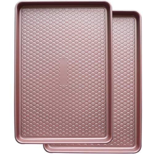 JOHO BAKING Large Baking Sheet Set (2 Pack) - Half Sheet Pan 17.7x12.2 Inch, 0.8mm Heavy Duty Carbon Steel, Nonstick & Warp Resistant Cookie Sheet for Baking, Roasting, Texture Pattern/Rose Gold