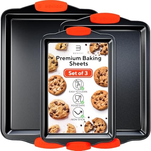 Premium Non-Stick Baking Sheets Set of 3 - Deluxe BPA Free, Easy to Clean Racks w/Silicone Handles - Bakeware Pans for Cooking Baking Roasting - Lets You Bake The Perfect Cookie or Pastry Every Time
