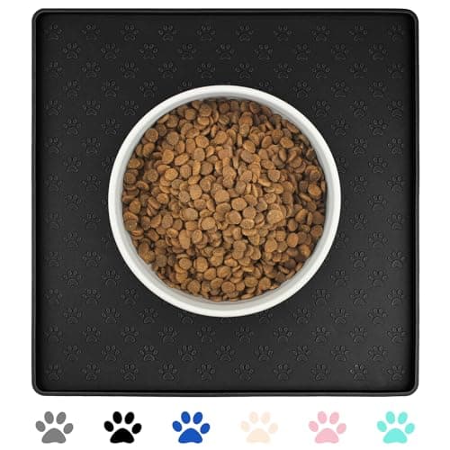 Ptlom Pet Placemat for Dog and Cat, Waterproof Non-Slip Silicone Feeding Bowl Mat Prevent Food and Water Overflow, Puppy Dish Feeder Fountain Trays Suitable for Medium and Small Pets, Black