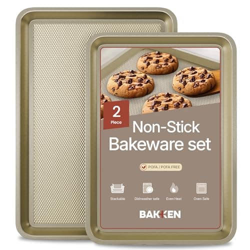 Diamond Bottom Cookie Sheet Set of 2, Nonstick Gold Carbon Steel Baking Pans for Crisp Baking, Space-Saving Stackable Trays, PFOA, PFOS, PTFE Free, Oven Safe Up to 450°F, Small & Medium Pans