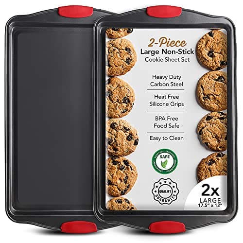 Baking Sheet Set, 2-Piece Large Cookie Sheet Set with Silicone Handles, Steel Baking Pan, Baking Sheets for Oven, BPA Free Nonstick Set, Half Sheet Pans, Black Baking Tray