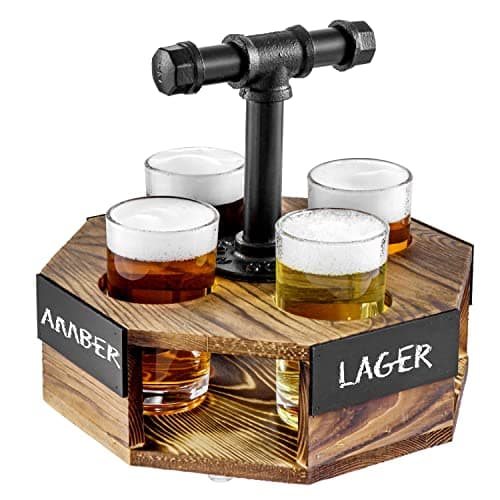 MyGift Burnt Solid Wood Geometric Beer Flight Server Set with Rustic Industrial Metal Pipe Handle, 4 Beer Glasses and Chalkboard Label Panel