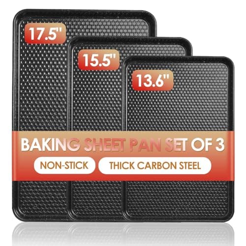 Baking Sheet Pan Set of 3, Nonstick Carbon Steel Cookie Sheets with Texture, Commercial Half/Quarter/Jelly Roll Pans Replacement Toaster Oven Tray, Heavy Duty & Easy Clean, Black