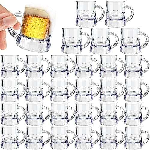 Irrmshr 30 Pcs Mini Plastic Beer Mugs, 1 oz Clear Plastic Shot Glasses with Handles, Reusable Beer Stein Tasting Glasses for Drinking, Festival, Party, BBQ